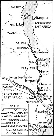 Map of the Nyasaland Railways, the Central Africa Railway and the Trans-Zambesia Railway
