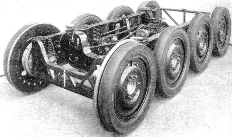 THE EIGHT-WHEELED BOGIE UNIT of the 1934 Micheline 56-seater rail-car.