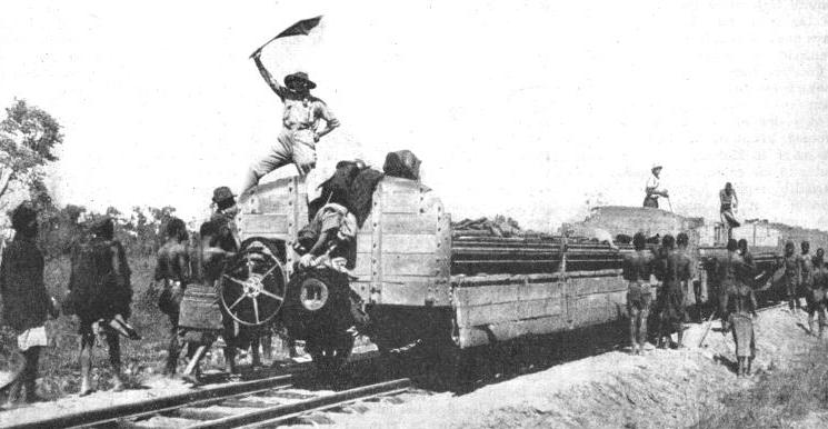A CONSTRUCTION TRAIN being moved on over a completed section of the Bengueta Railway
