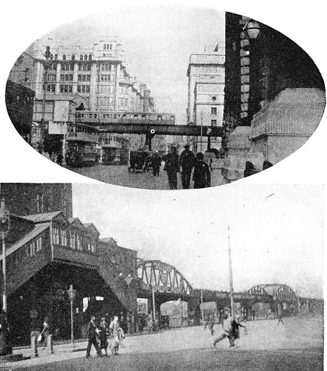THE STEEL FRAMEWORK of the Liverpool Overhead Railway carries the lines some 16 ft above the road.