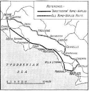 The route of the Rome-Naples Direttissima