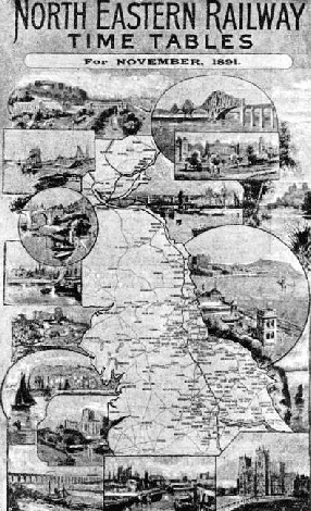 NOTABLE PLACES along the route are illustrated on the cover of the North Eastern Railway’s time-table for November, 1891