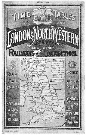 RED AND BLACK are the dominant colours of this London and North Western Railway time-table for April, 1900