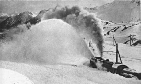 A powerful rotary snow-plough operating on the Bernina Railway in the Swiss Alps.