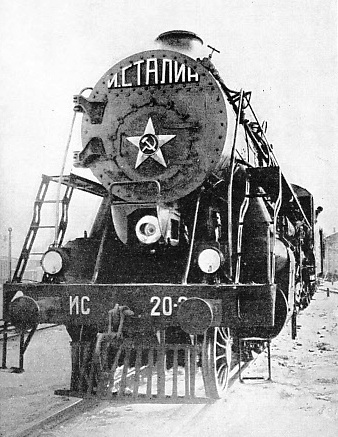 A front view of the “Joseph Stalin”, a new 2-8-4 express locomotive on the Soviet lines
