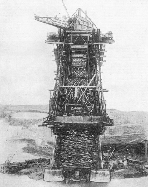 One of the giant cantilevers of the Forth bridge during the early stages of its construction