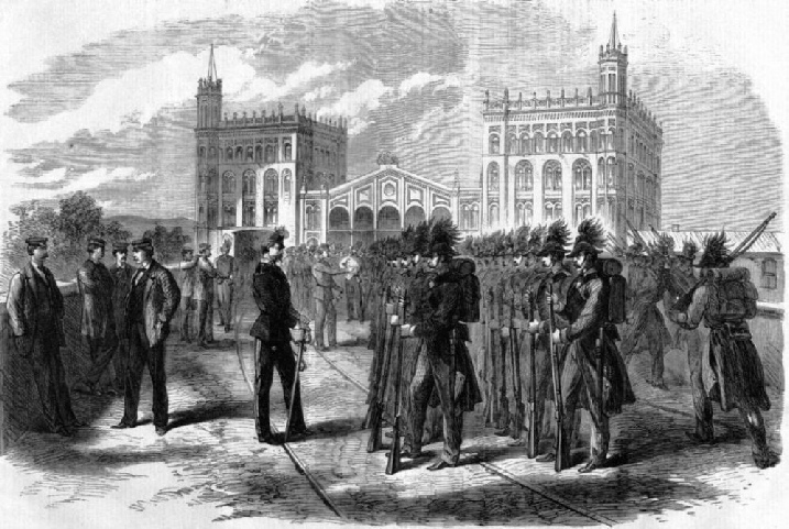 Austrian soldiers mustering at the Northern Railway Station, Vienna, in 1866