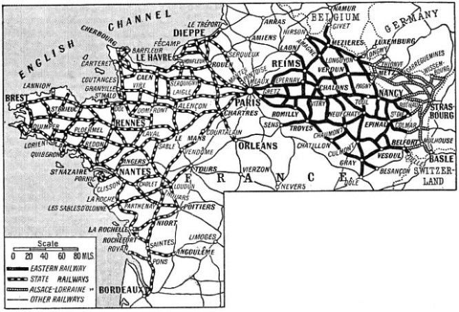 Map showing three Franch railway systems
