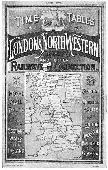 RED AND BLACK are the dominant colours of this London and North Western Railway time-table for April, 1900