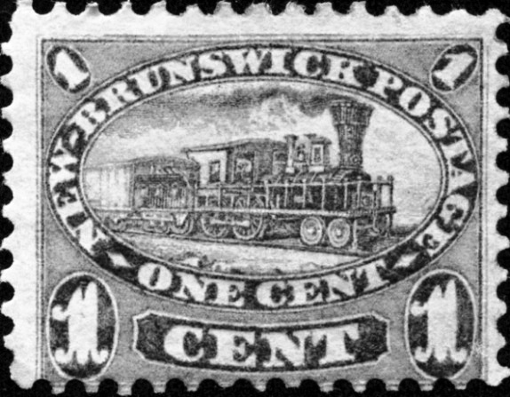 New Brunswick 1 cent lilac postage stamp. Issued in 1860, it is the first image of a train to appear on a stamp