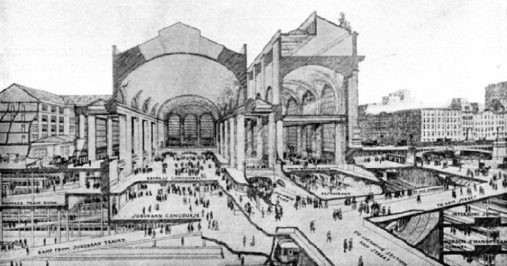 VERTICAL SECTIONAL VIEW OF THE NEW GRAND CENTRAL STATION OF THE NEW YORK CENTRAL AND HUDSON RIVER RAILWAY
