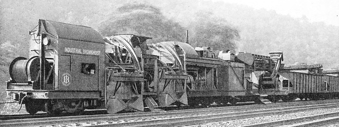 a machine in action renewing ballast on the lines of the Pennsylvania Railroad