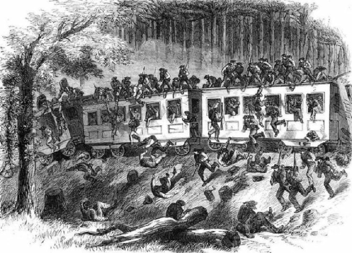 a train with American Civil war reinforcements running off the track
