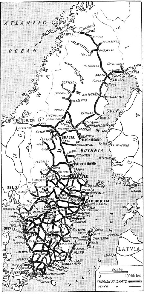 Map showing the railways of Sweden