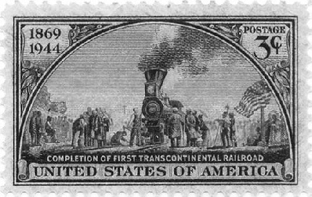 United States’ 3 cents stamp issued in 1944 to commemorate the completion of the first transcontinental railroad.
