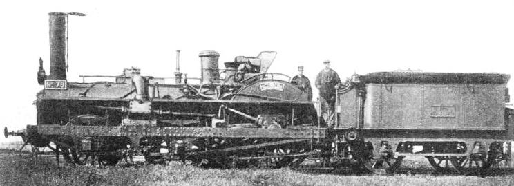 AN OLD “CRAMPTON” LOCOMOTIVE of the type which formerly ran on the Eastern Railway of France