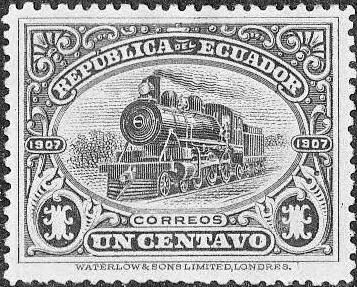 One of the stamps issued by Ecuador in 1908 to commemorate the opening of the railway between Guayquil and Quito